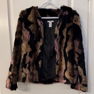 Bar III Multicolor Faux Fur Teddy Jacket - Black, Brown & Pink Accents